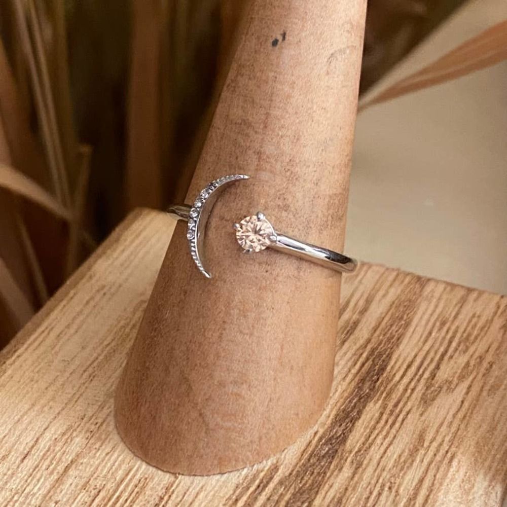 Crescent Moon Stainless Steel High polished Champagne CZ Ring Sizes 7,8